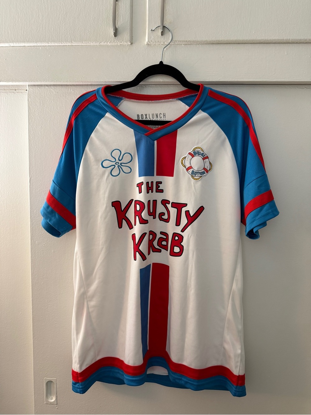 BoxLunch SpongeBob Krusty Krab Soccer Jersey | Bikini Bottom | White Blue Red